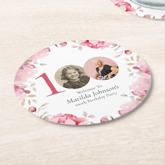 ピンクエレガントのフローラ写真100th誕生日パーティー ラウンドペーパーコースター (アングル)