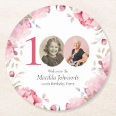 ピンクエレガントのフローラ写真100th誕生日パーティー ラウンドペーパーコースター (正面)