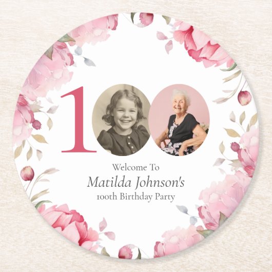 ピンクエレガントのフローラ写真100th誕生日パーティー ラウンドペーパーコースター (正面)