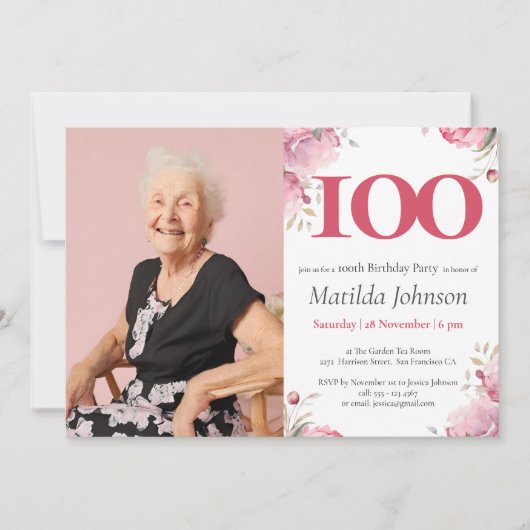 ピンクエレガントのフローラ写真100th誕生日パーティー 招待状 (正面)