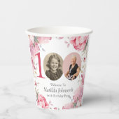 ピンクエレガントのフローラ写真100th誕生日パーティー 紙コップ (正面)