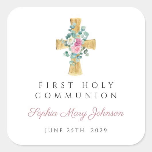 ピンクエレガントのフローラ牡丹が最初の聖餐式を交差 スクエアシール (正面)