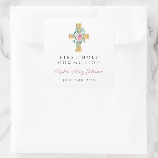 ピンクエレガントのフローラ牡丹が最初の聖餐式を交差 スクエアシール (バッグ)