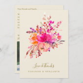 ピンクエレガントのフローラ結婚の写真のカスタムメッセージ サンキューカード (正面/裏面)