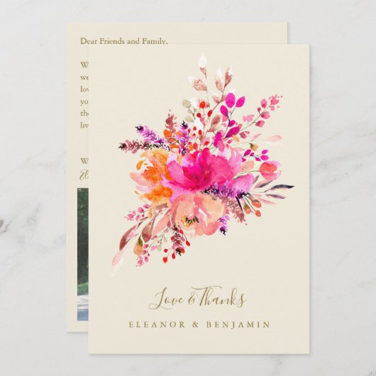 ピンクエレガントのフローラ結婚の写真のカスタムメッセージ サンキューカード (正面/裏面)