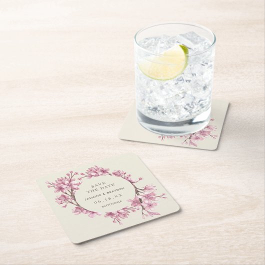 ピンクエレガントのフローラ結婚式の日付を保存 スクエアペーパーコースター (インサイチュ)