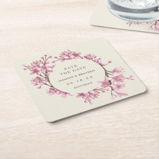 ピンクエレガントのフローラ結婚式の日付を保存 スクエアペーパーコースター (アングル)
