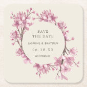 ピンクエレガントのフローラ結婚式の日付を保存 スクエアペーパーコースター (正面)
