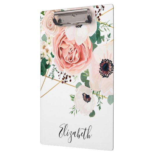 ピンクエレガントのフローラ花水色のパーソナライズ クリップボード (左)
