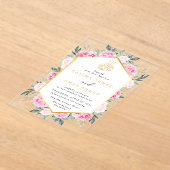 ピンクエレガントのフローラ葉のムスリム結婚ズ アクリル招待状 (レイダウン)