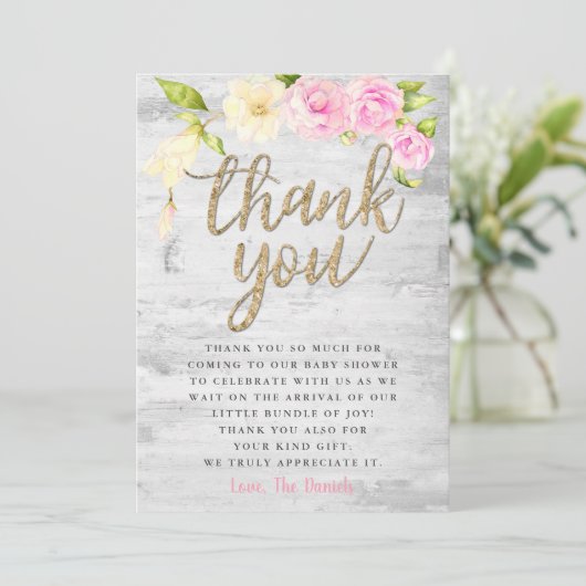 ピンクエレガントのフローラ赤ちゃんシャワー サンキューカード (スタンド正面)