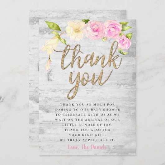 ピンクエレガントのフローラ赤ちゃんシャワー サンキューカード (正面/裏面)