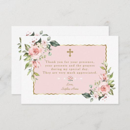 ピンクエレガントのフローラ金ゴールドクロスの確認 サンキューカード (正面/裏面)