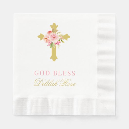 ピンクエレガントのフローラ金ゴールド女子のためのクロスバプテスマ 縁ありランチョンナプキン (正面)