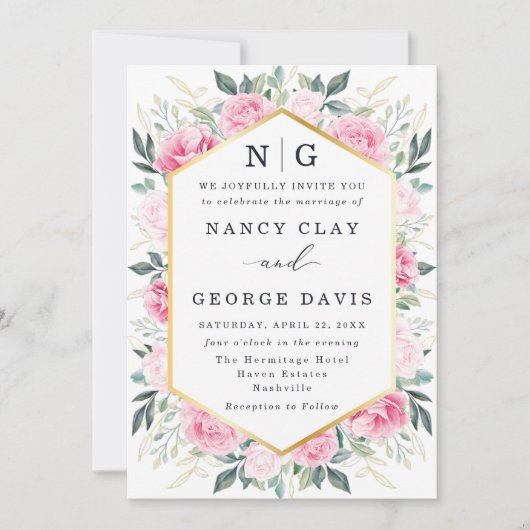 ピンクエレガントのフローラ離れの金ゴールド結婚ズ 招待状 (正面)