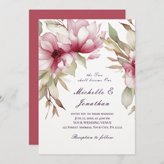 ピンクエレガントのフローラ2は聖書の一つになる 招待状 (正面/裏面)