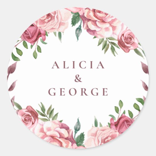 ピンクエレガントのブルゴーニュバラ結婚式の引き出物 ラウンドシール (正面)