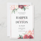 ピンクエレガントのブルゴーニュ色のフローラ結婚 招待状 (正面)