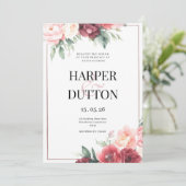 ピンクエレガントのブルゴーニュ色のフローラ結婚 招待状 (スタンド正面)