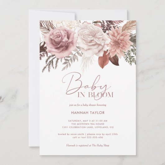 ピンクエレガントのベビーの開花スクリプト女の子ベビーシャワー 招待状 (正面)