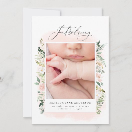 ピンクエレガントのベビー女子の写真 案内状 (正面)