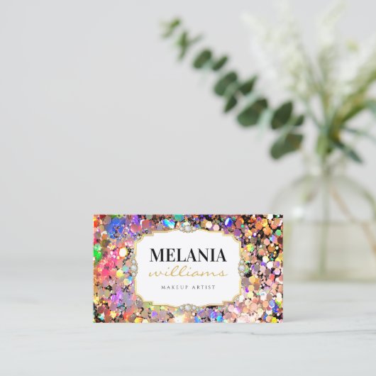 ピンクエレガントのホログラフィックグリッターメイクアップアーティスト 名刺 (スタンド正面)