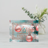 ピンクエレガントのボー飾ブルとクリスマスツリー 箔シーズンポストカード (立ち正面)