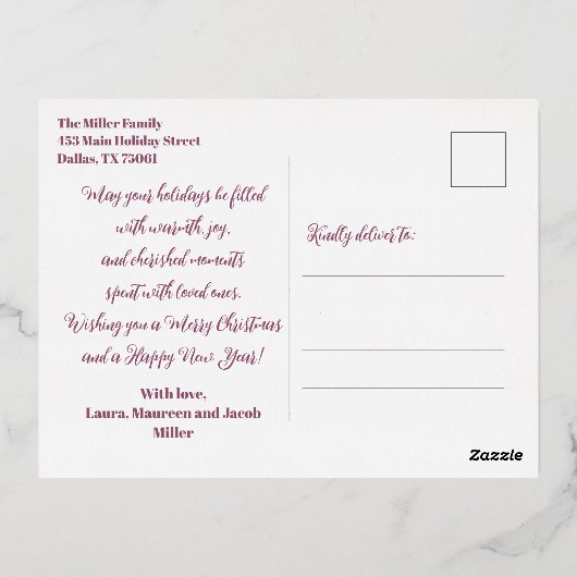 ピンクエレガントのボー飾ブルとクリスマスツリー 箔シーズンポストカード (裏面)