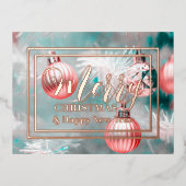 ピンクエレガントのボー飾ブルとクリスマスツリー 箔シーズンポストカード (正面)