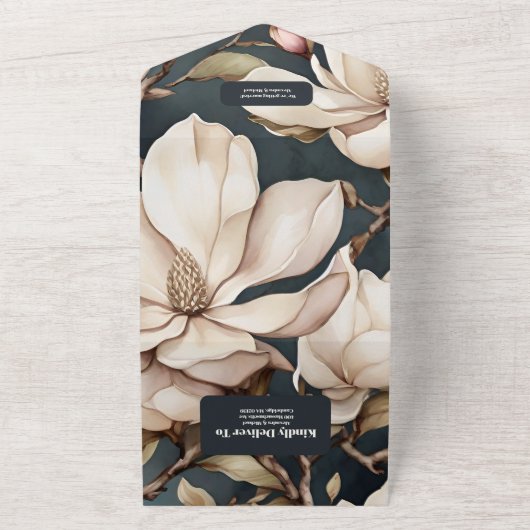 ピンクエレガントのマグノリアと緑 オールインワン招待状 (外側)