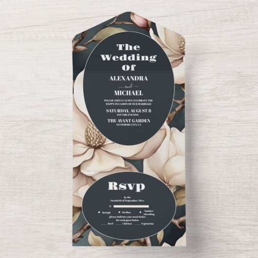 ピンクエレガントのマグノリアと緑 オールインワン招待状 (内側)