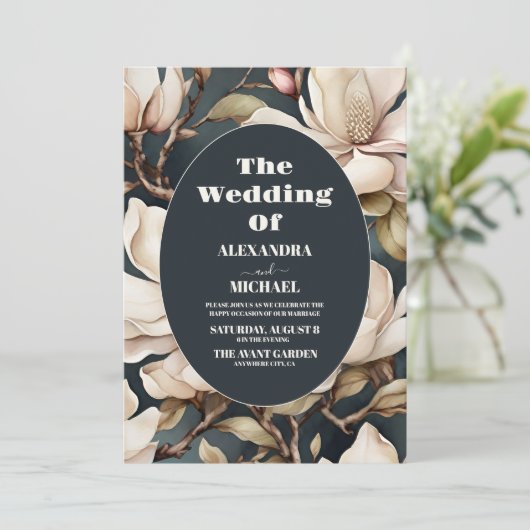 ピンクエレガントのマグノリアと緑 招待状 (スタンド正面)