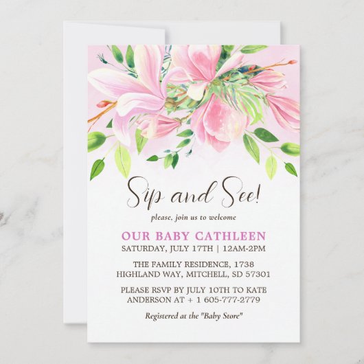 ピンクエレガントのマグノリア水の色のsipと参照 招待状 (正面)