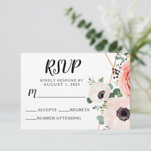 ピンクエレガントのモダンフローラ結婚の花 出欠カード (スタンド正面)