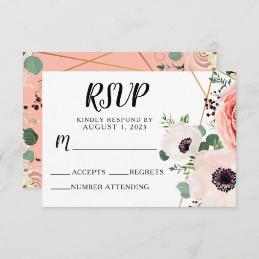 ピンクエレガントのモダンフローラ結婚の花 出欠カード (正面/裏面)