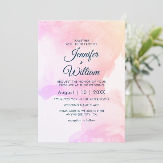 ピンクエレガントのモダン水色インク 招待状 (スタンド正面)