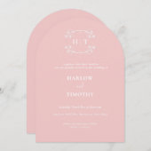 ピンクエレガントのモノグラム白結婚書 招待状 (正面/裏面)