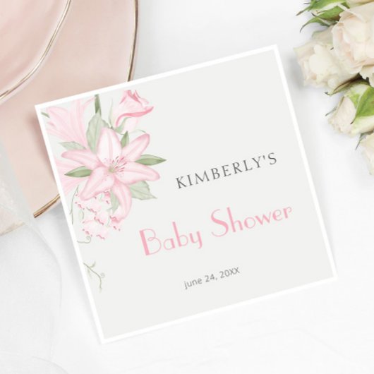 ピンクエレガントのユリ緑離れの赤ちゃんシャワー スタンダードカクテルナプキン