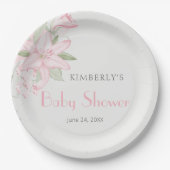 ピンクエレガントのユリ緑離れの赤ちゃんシャワー ペーパープレート (正面)