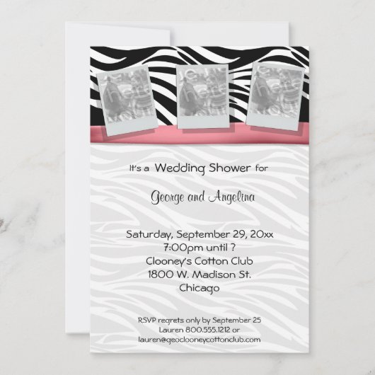 ピンクエレガントのリボンとゼブラの縞の写真 招待状 (正面)