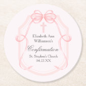 ピンクエレガントのリボン確認パーティー ラウンドペーパーコースター (正面)