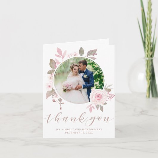 ピンクエレガントのローズウォーター色のフローラ結婚の写真 サンキューカード (正面)