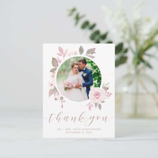 ピンクエレガントのローズウォーター色のフローラ結婚の写真 ポストカード (スタンド正面)