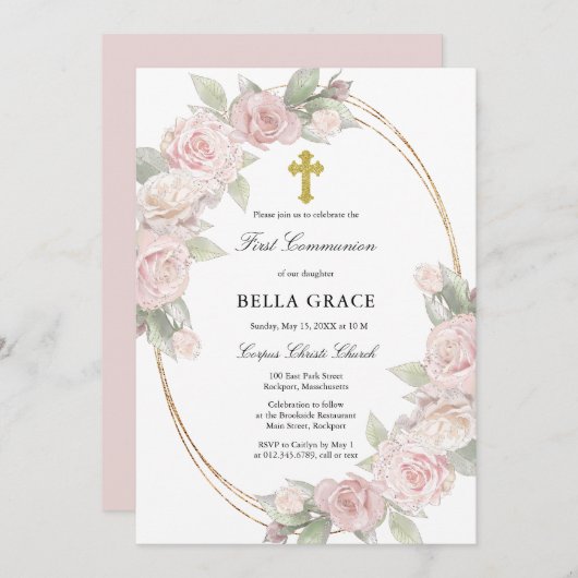 ピンクエレガントのローズフローラ第一共産主義への参加 招待状 (正面/裏面)