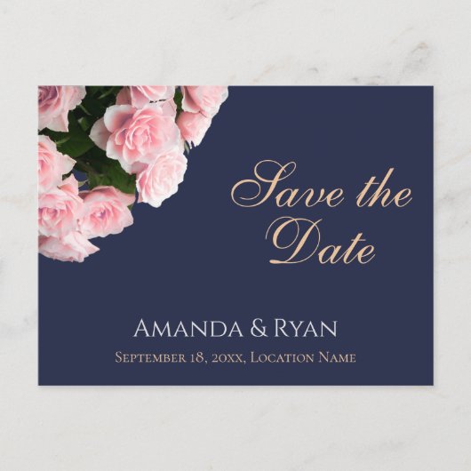 ピンクエレガントのローズブーケの結婚式の日付を保存 案内ポストカード (正面)