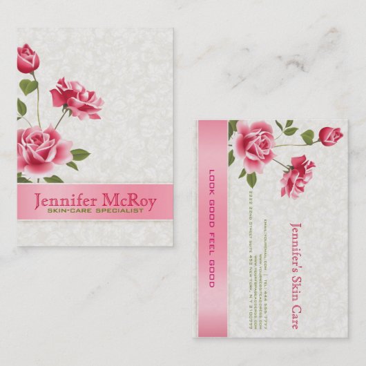 ピンクエレガントのローズプラッシュホワイトダマスク 名刺 (正面/裏面)