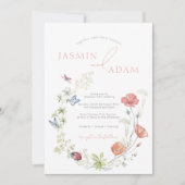 ピンクエレガントのワイルドフラワーと蝶の結婚数 招待状 (正面)