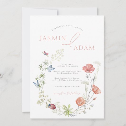 ピンクエレガントのワイルドフラワーと蝶の結婚数 招待状 (正面)