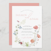 ピンクエレガントのワイルドフラワーと蝶の結婚数 招待状 (正面/裏面)