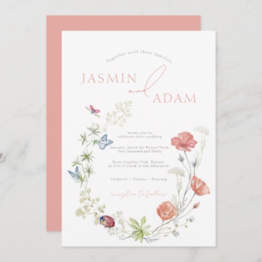 ピンクエレガントのワイルドフラワーと蝶の結婚数 招待状 (正面/裏面)